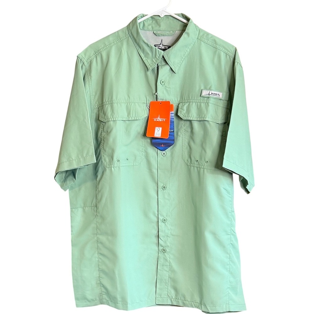 HABIT Mens Coastal Villa‎ River Shirt L/G Light Green Short Sleeve UPF 50+